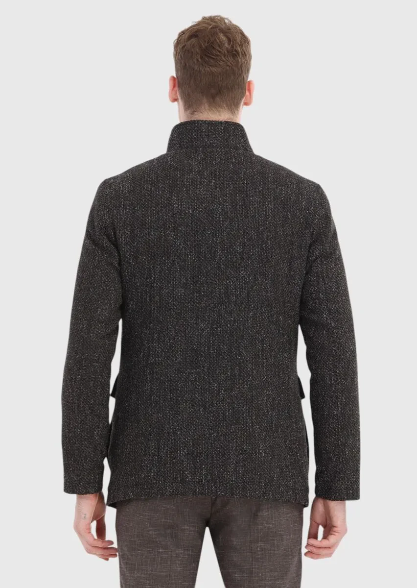 Brown Regular Fit Turtleneck Casual Weaving Coat - 5