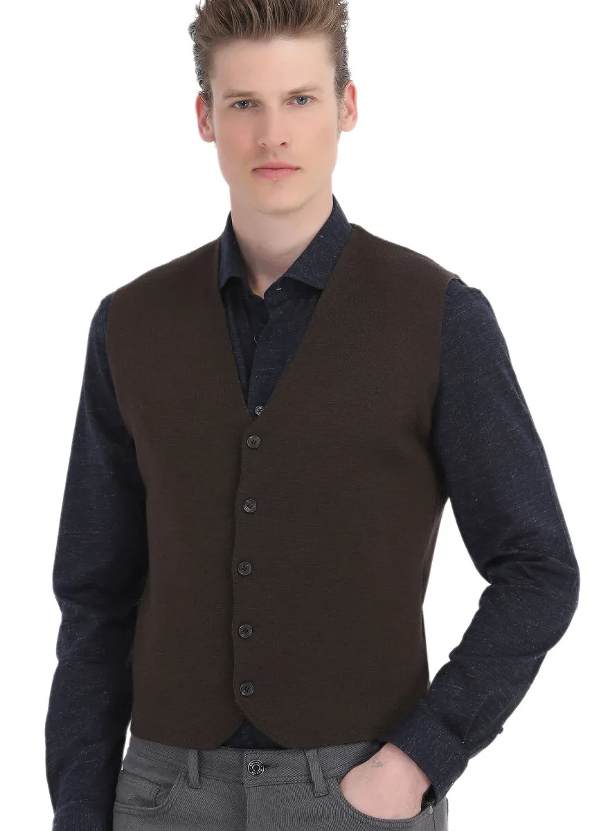 Brown Regular Fit V-Neck Casual Knitting Knit Vest - 1