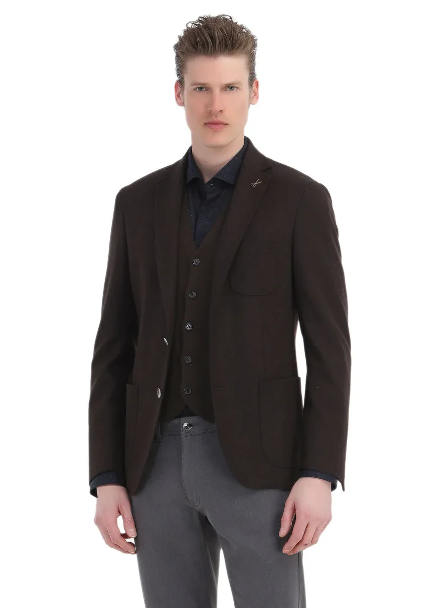 Brown Regular Fit V-Neck Casual Knitting Knit Vest - 3