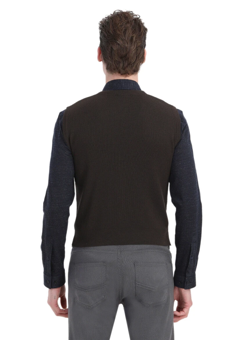 Brown Regular Fit V-Neck Casual Knitting Knit Vest - 5
