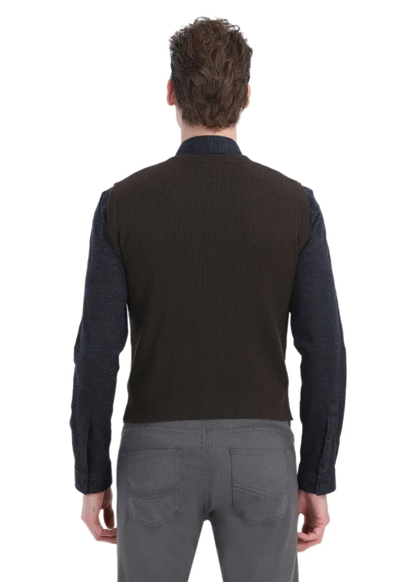 Brown Regular Fit V-Neck Casual Knitting Knit Vest - 5