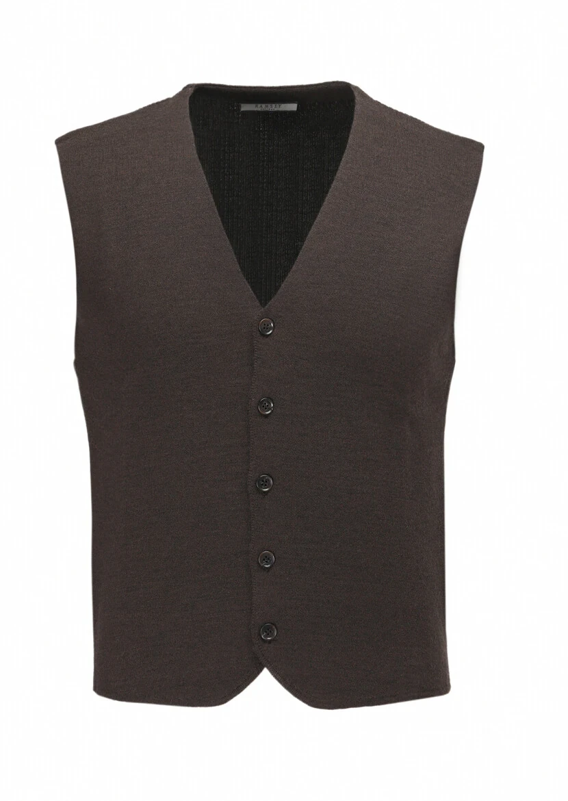 Brown Regular Fit V-Neck Casual Knitting Knit Vest - 6