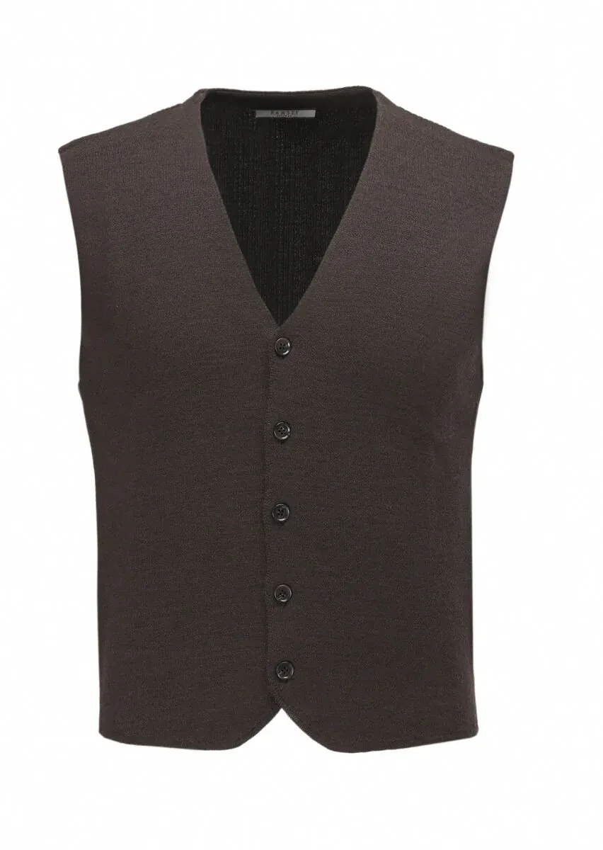Brown Regular Fit V-Neck Casual Knitting Knit Vest - 6