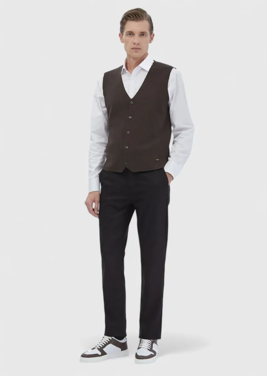 Brown Regular Fit V-Neck Casual Knitting Knit Vest - 2