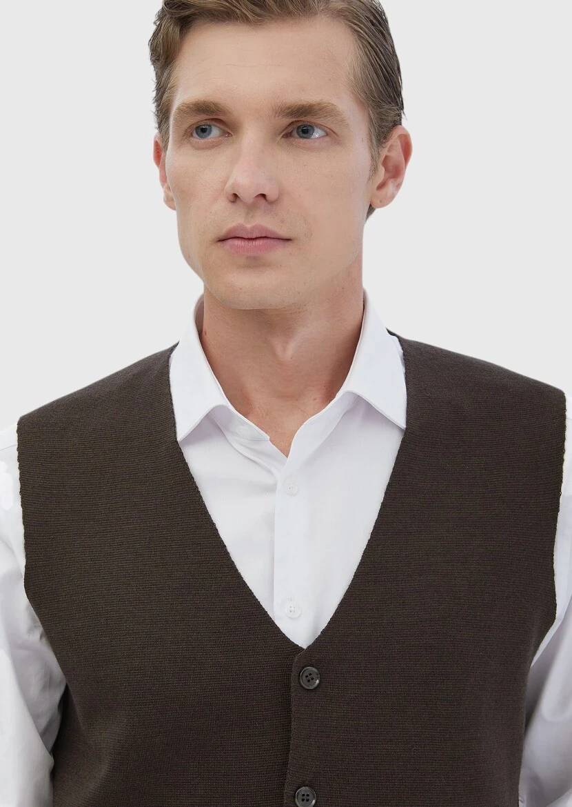 Brown Regular Fit V-Neck Casual Knitting Knit Vest - 3