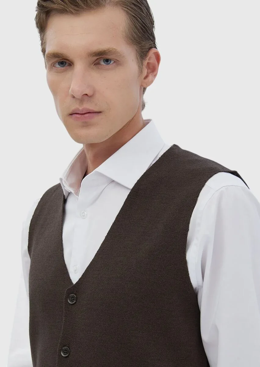 Brown Regular Fit V-Neck Casual Knitting Knit Vest - 4
