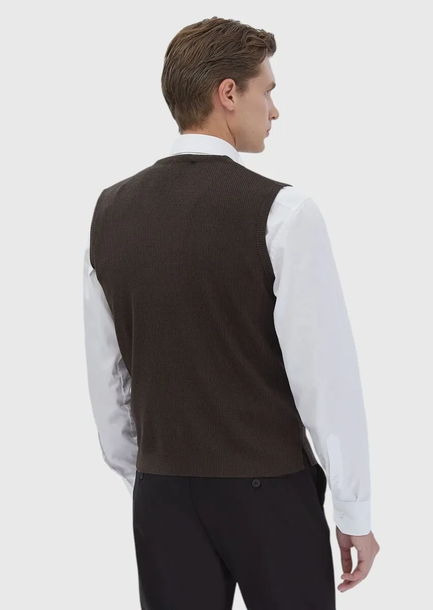 Brown Regular Fit V-Neck Casual Knitting Knit Vest - 6