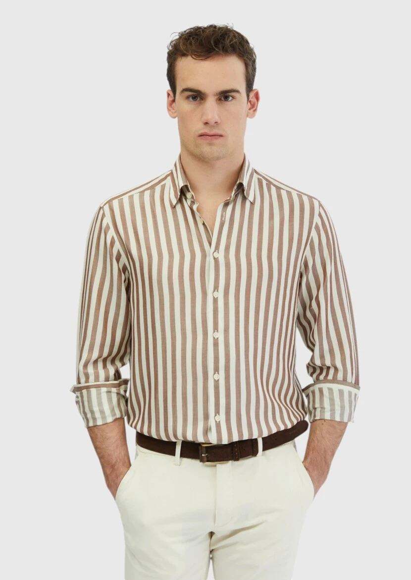 Brown Striped Casual Fit Weaving Casual Shirt - RAMSEY