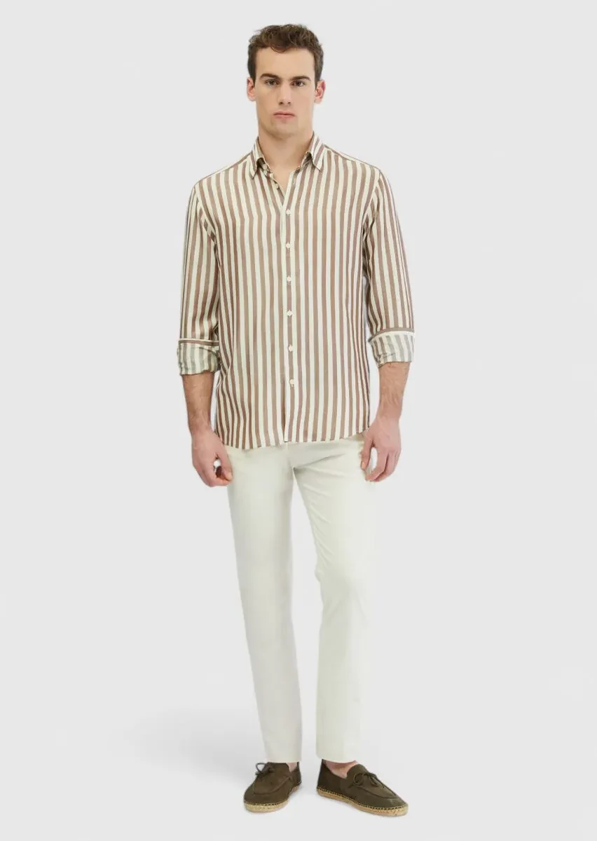 Brown Striped Casual Fit Weaving Casual Shirt - 2