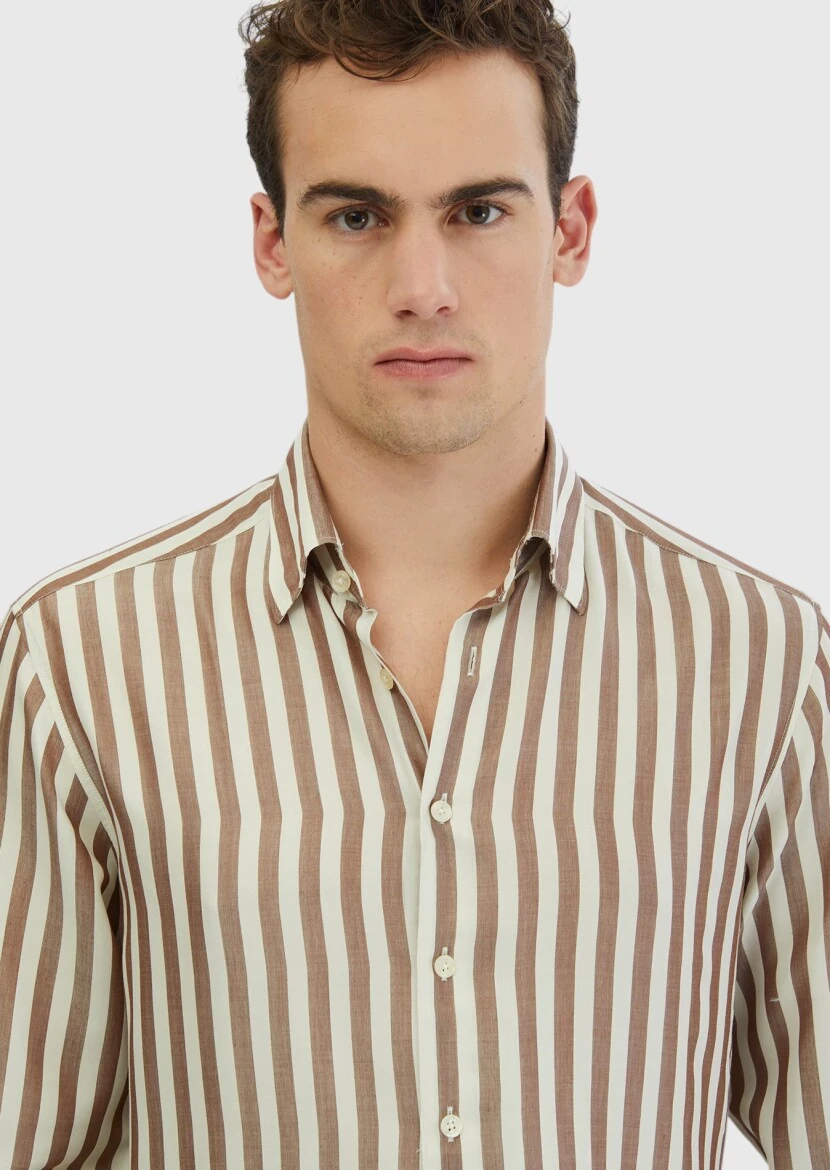 Brown Striped Casual Fit Weaving Casual Shirt - 3