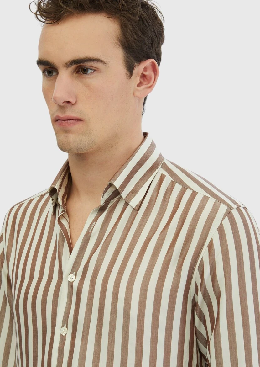 Brown Striped Casual Fit Weaving Casual Shirt - 4