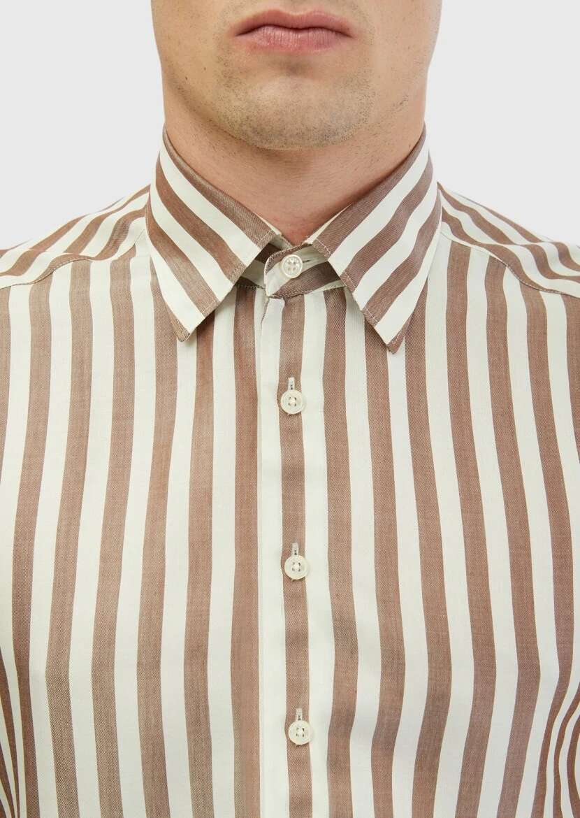 Brown Striped Casual Fit Weaving Casual Shirt - 5