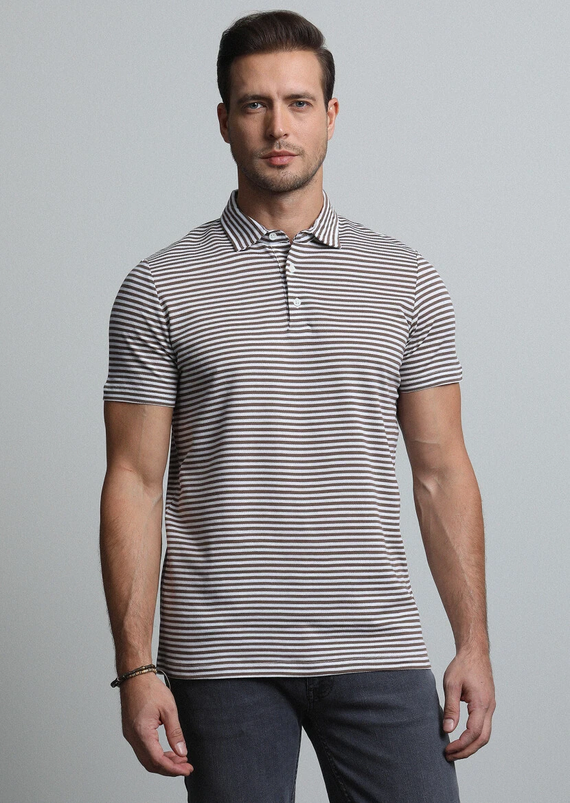 Brown Striped Polo Neck 100% Cotton T-Shirt - 1