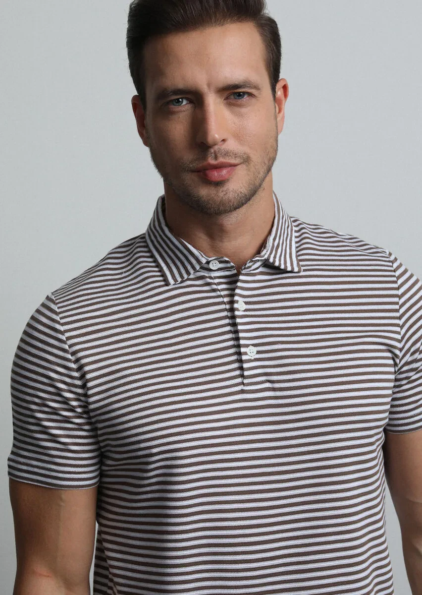 Brown Striped Polo Neck 100% Cotton T-Shirt - 2