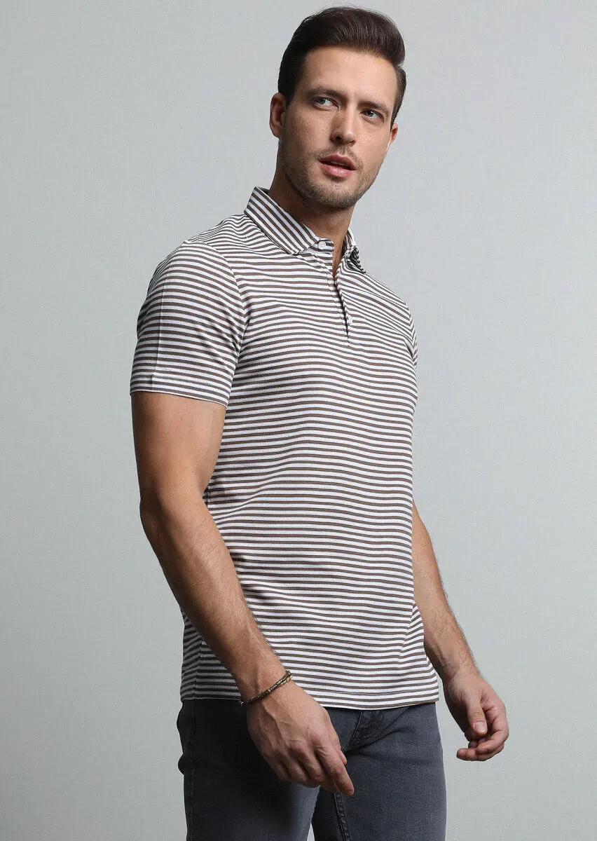 Brown Striped Polo Neck 100% Cotton T-Shirt - 3