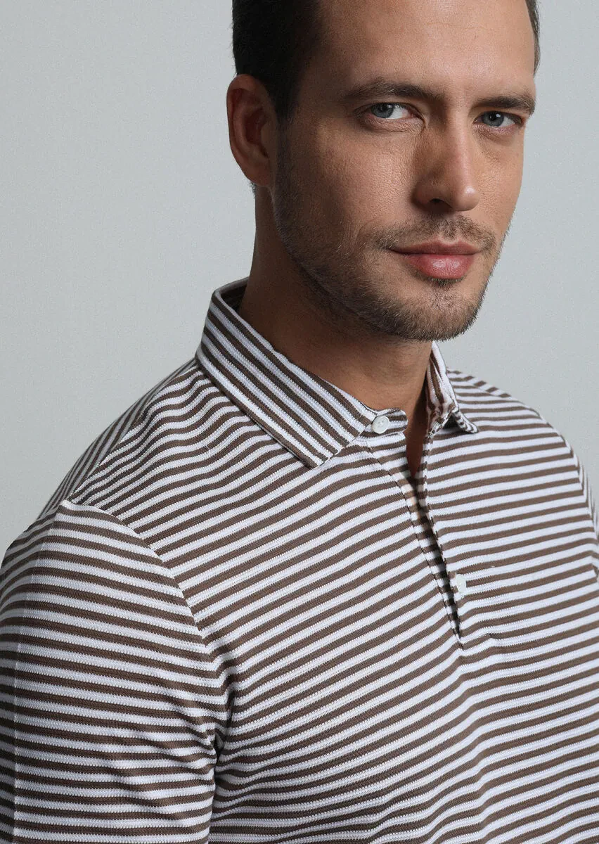 Brown Striped Polo Neck 100% Cotton T-Shirt - 4