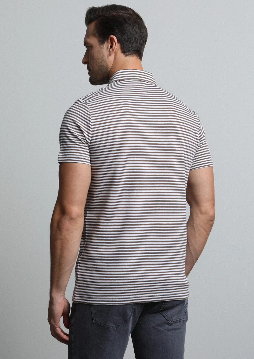 Brown Striped Polo Neck 100% Cotton T-Shirt - 5