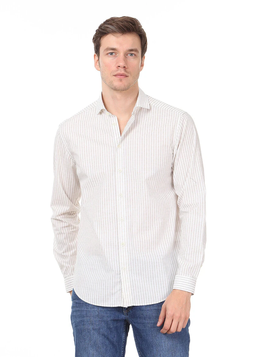 Brown Striped Regular Fit Weaving Casual 100% Cotton Shirt - 1