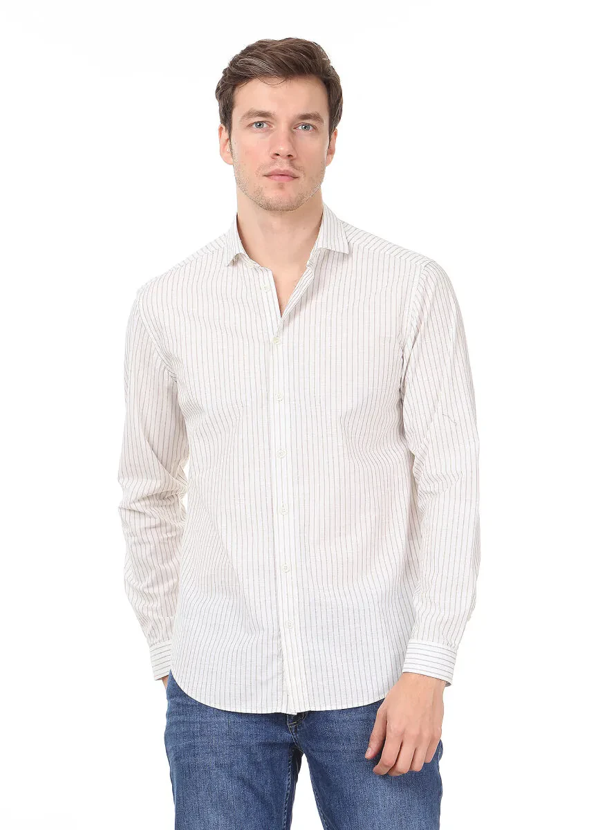 Brown Striped Regular Fit Weaving Casual 100% Cotton Shirt - 1