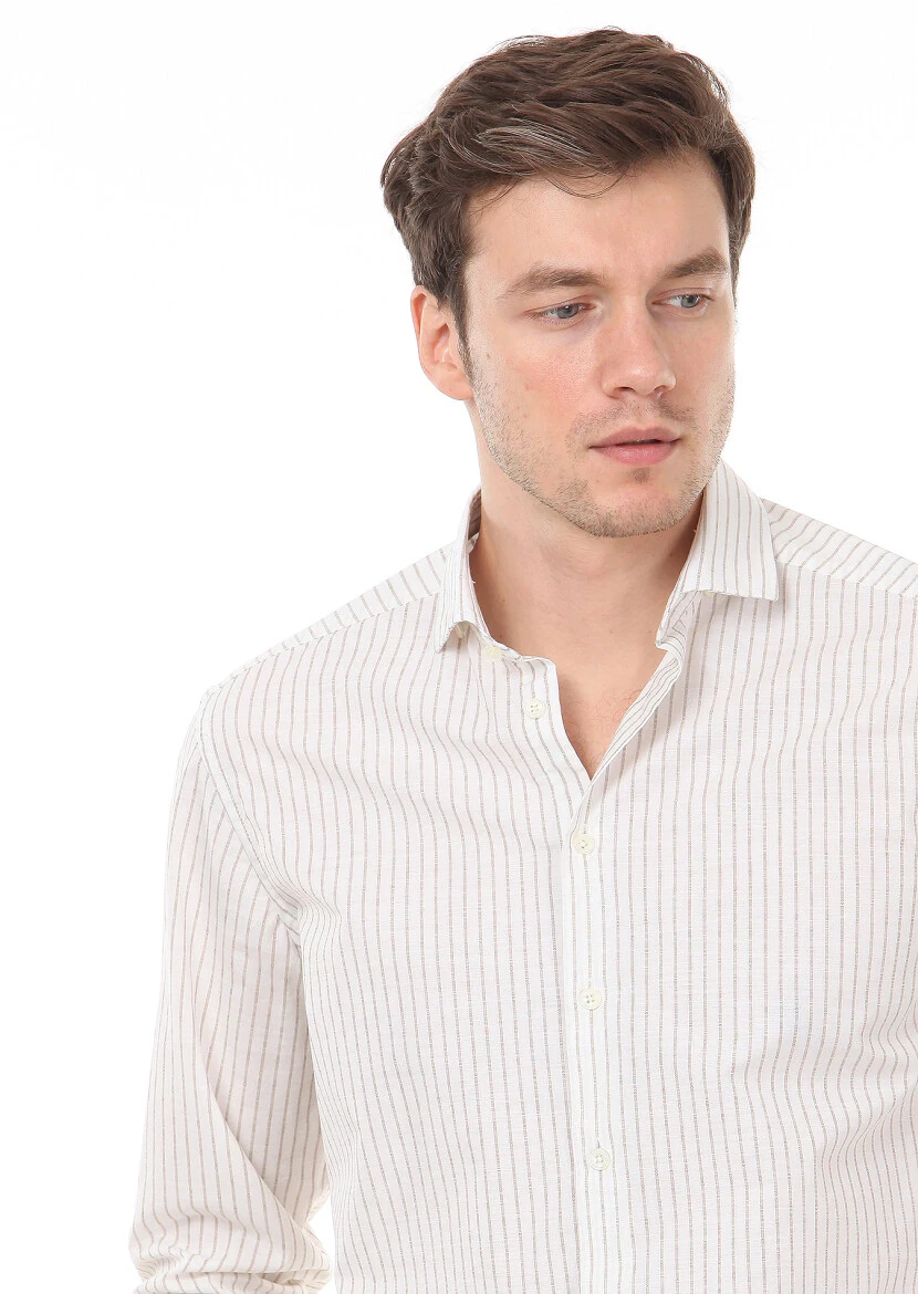 Brown Striped Regular Fit Weaving Casual 100% Cotton Shirt - 3