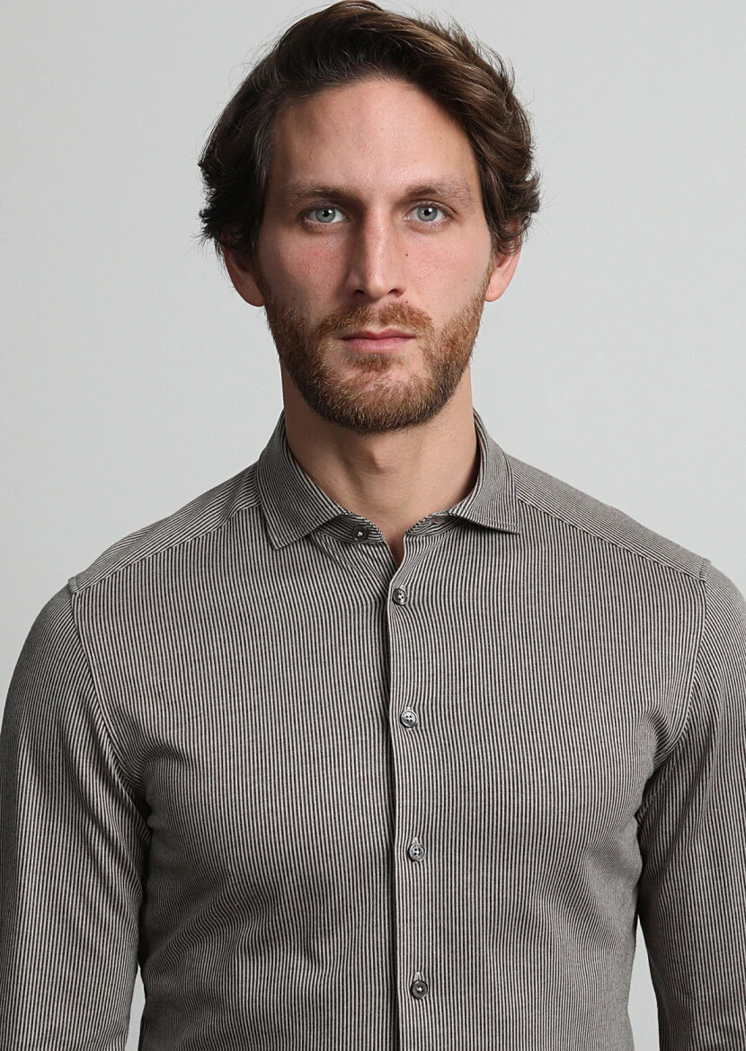 Brown Striped Slim Fit Knitting Casual 100% Cotton Shirt - 1