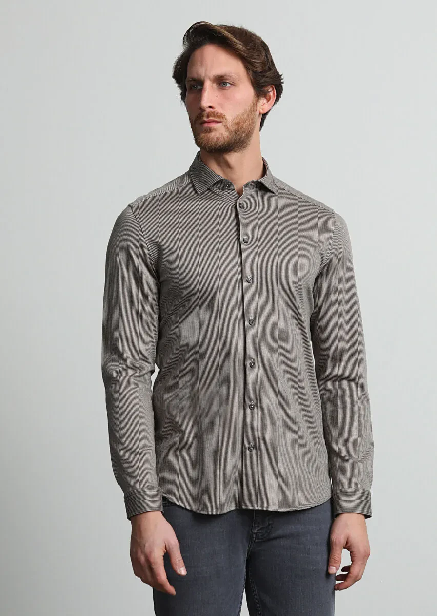 Brown Striped Slim Fit Knitting Casual 100% Cotton Shirt - 2