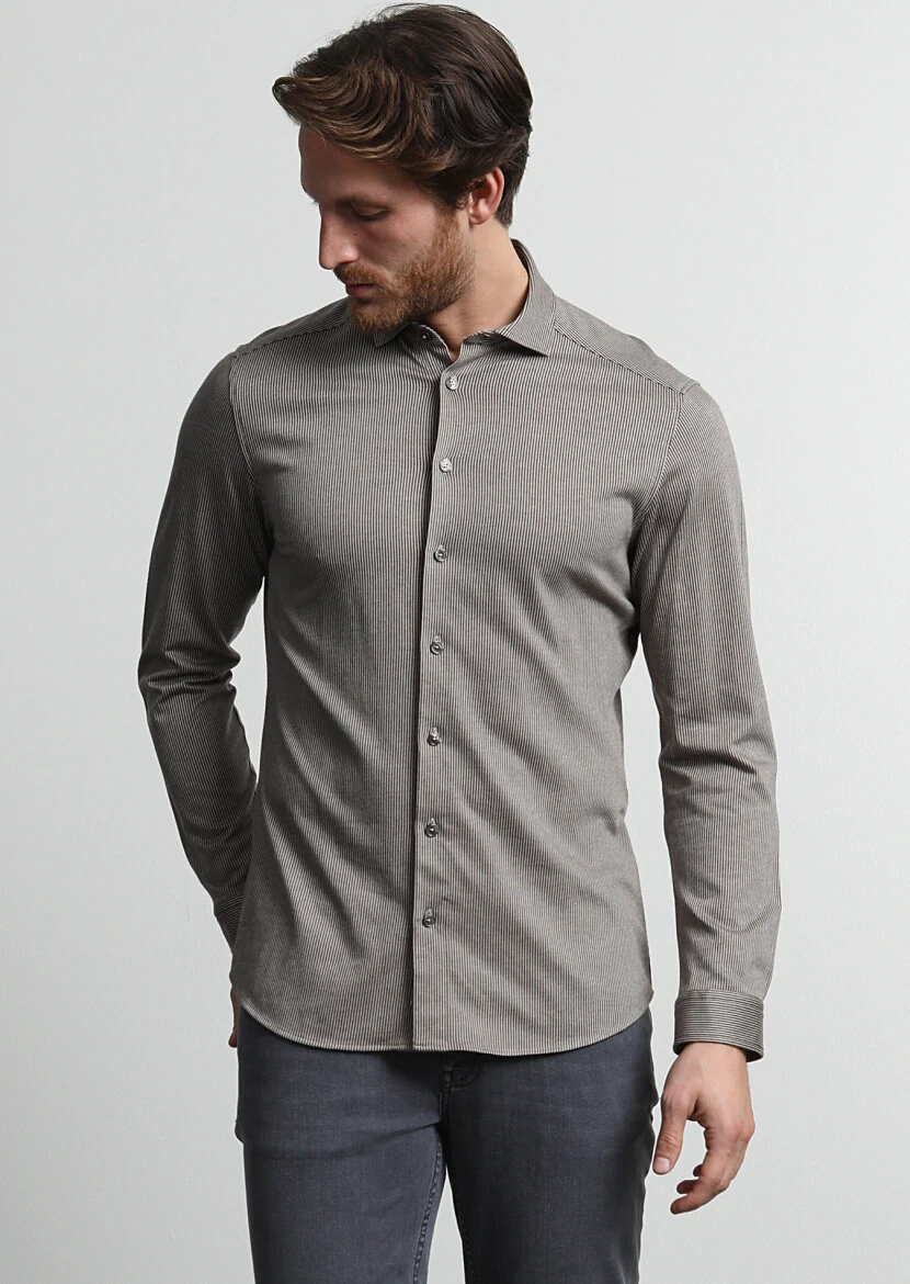 Brown Striped Slim Fit Knitting Casual 100% Cotton Shirt - 3