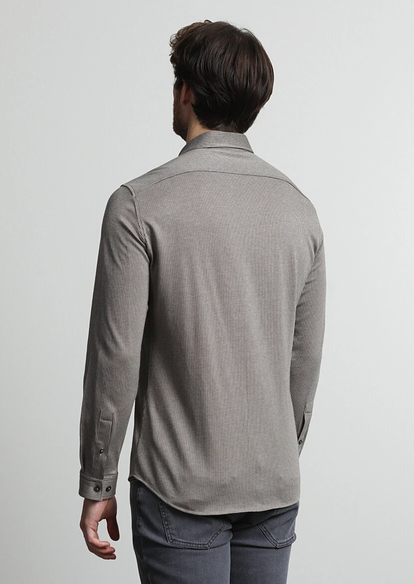 Brown Striped Slim Fit Knitting Casual 100% Cotton Shirt - 4