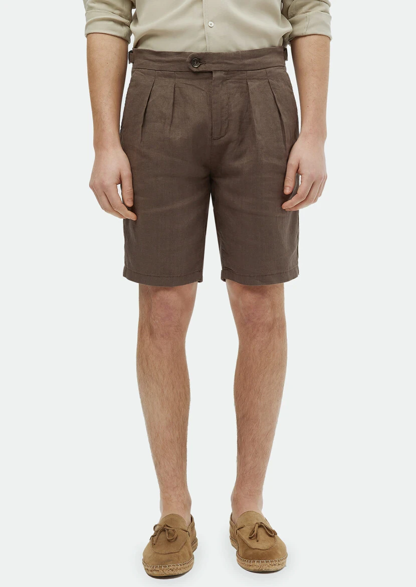 Brown Weaving Carrot Fit Casual 100% Linen Bermuda - RAMSEY