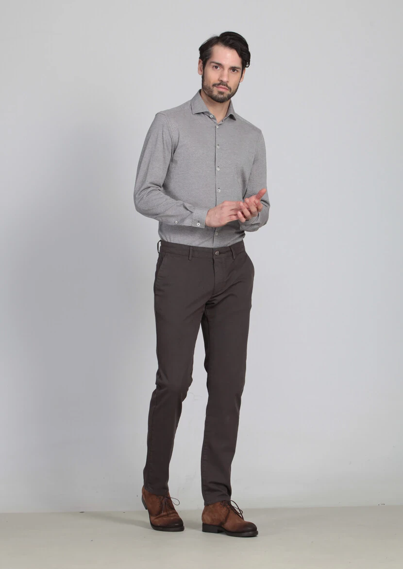 Brown Weaving Regular Fit Casual Cotton Blended Trousers 