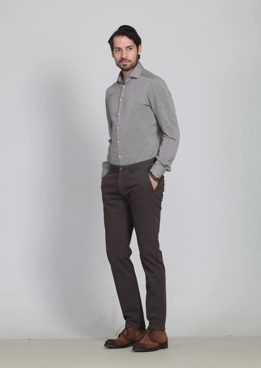 Brown Weaving Regular Fit Casual Cotton Blended Trousers - 3