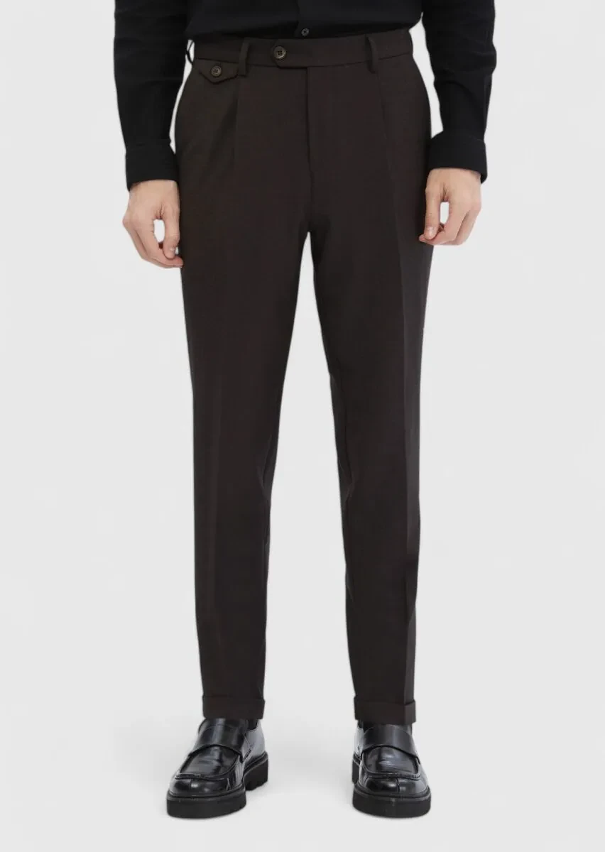 Brown Weaving Regular Fit Casual Wool Blended Trousers - 1