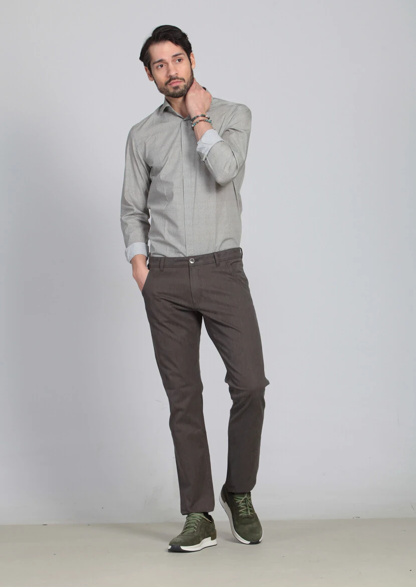 Brown Weaving Slim Fit Casual Cotton Blended Trousers - 1