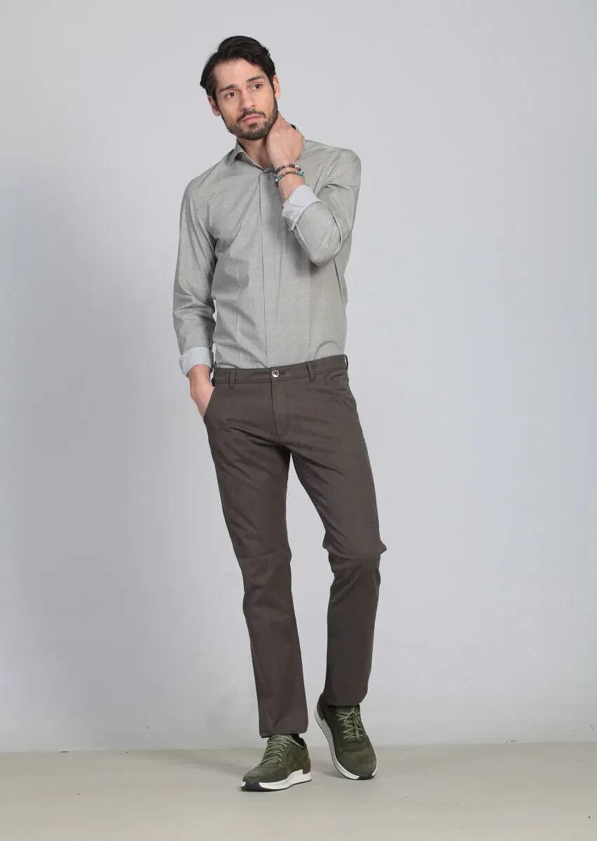 Brown Weaving Slim Fit Casual Cotton Blended Trousers - 1