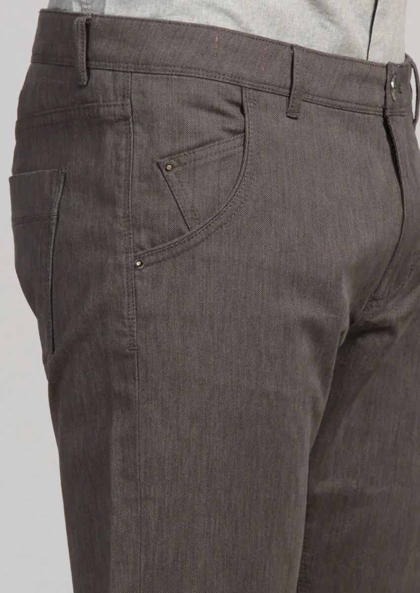 Brown Weaving Slim Fit Casual Cotton Blended Trousers - 3