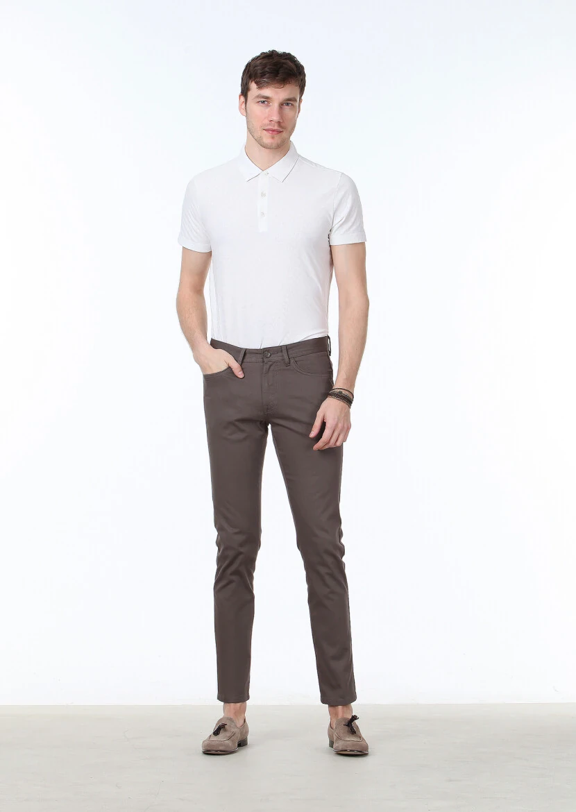 Brown Weaving Slim Fit Casual Cotton Blended Trousers - 1
