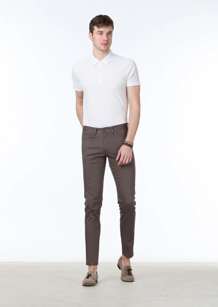 Brown Weaving Slim Fit Casual Cotton Blended Trousers 