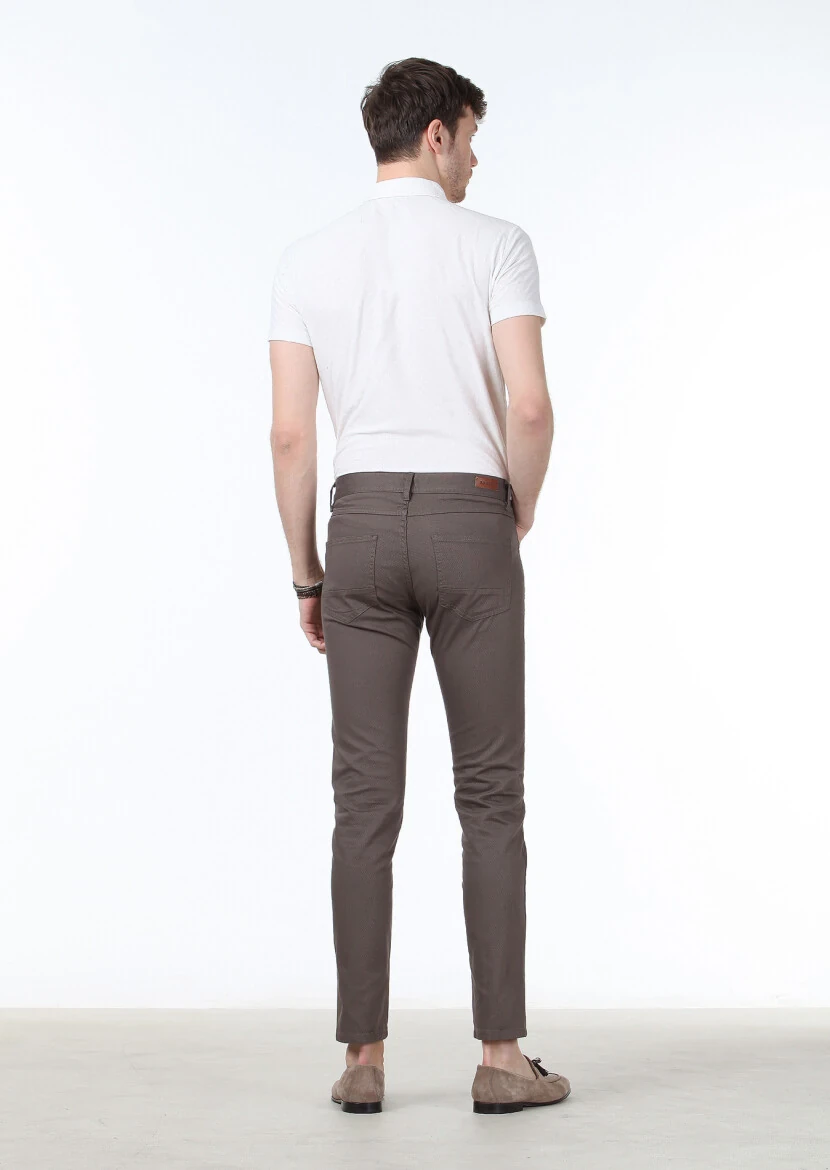 Brown Weaving Slim Fit Casual Cotton Blended Trousers - 4