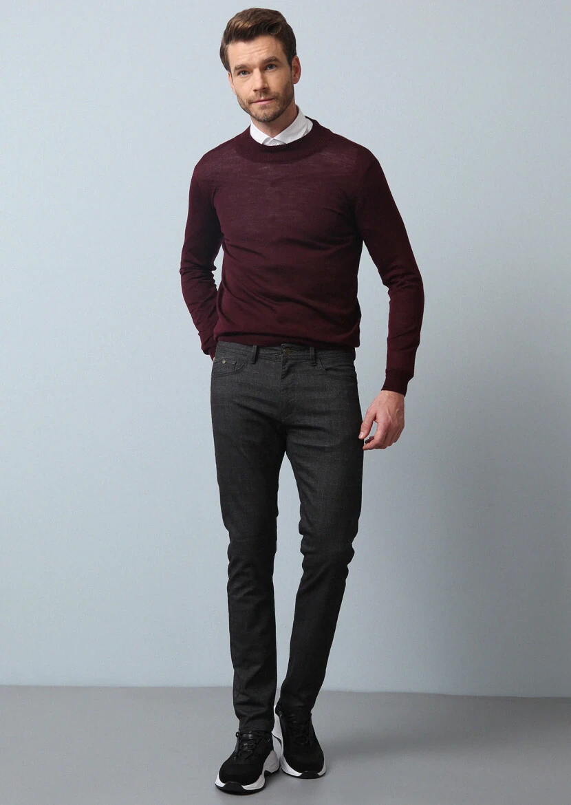 Brown Weaving Slim Fit Casual Cotton Blended Trousers - 1