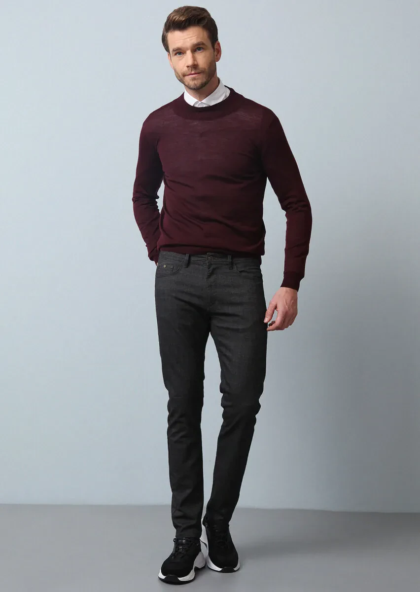 Brown Weaving Slim Fit Casual Cotton Blended Trousers - 1