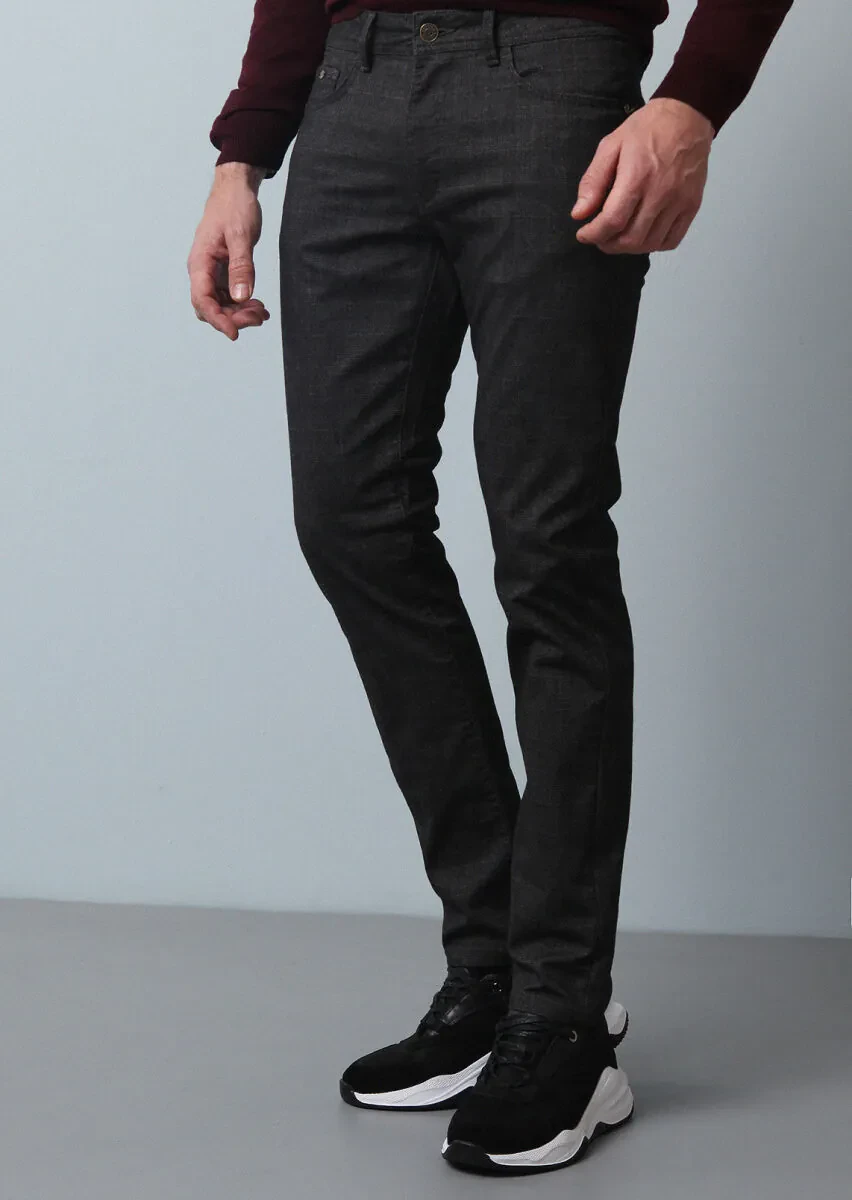 Brown Weaving Slim Fit Casual Cotton Blended Trousers - 2