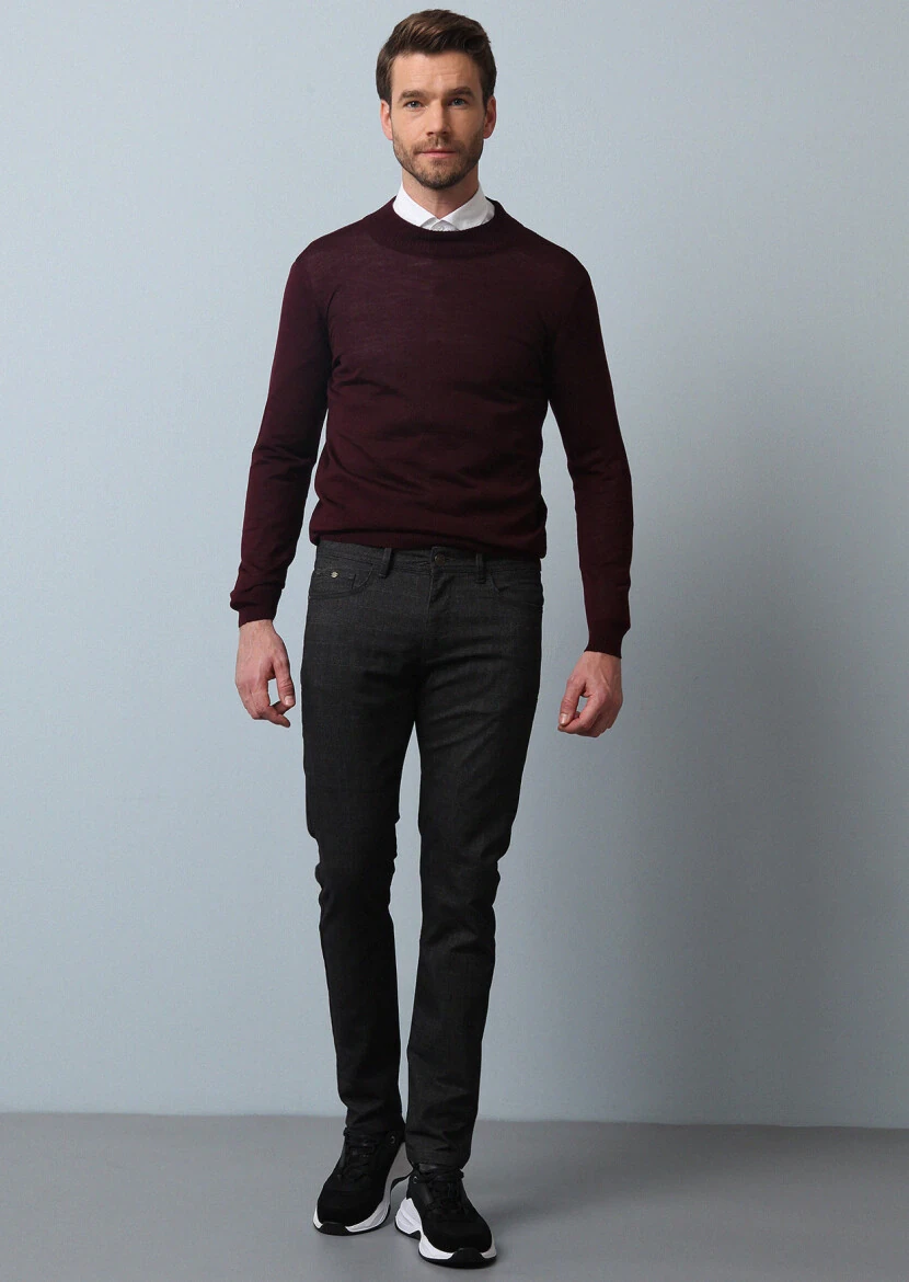 Brown Weaving Slim Fit Casual Cotton Blended Trousers - 4