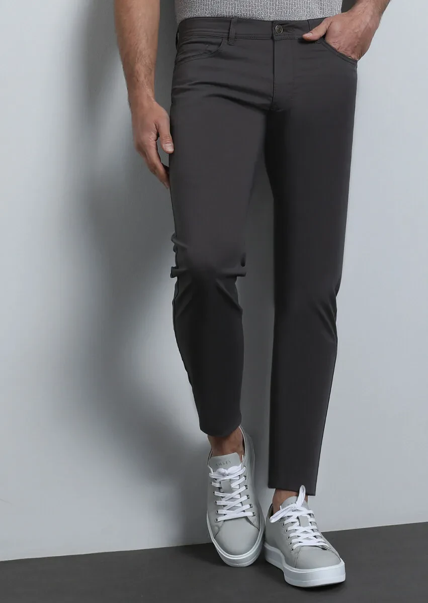 Brown Weaving Slim Fit Casual Cotton Blended Trousers - 1