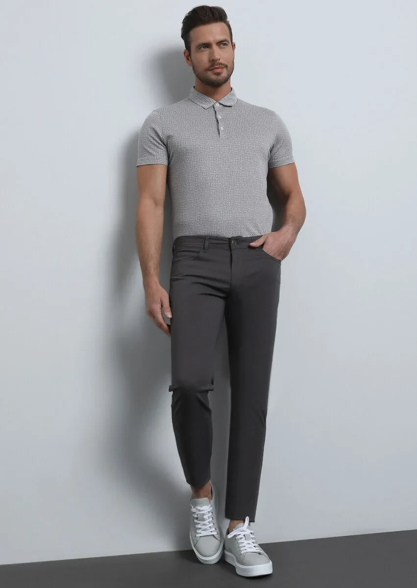 Brown Weaving Slim Fit Casual Cotton Blended Trousers - 2