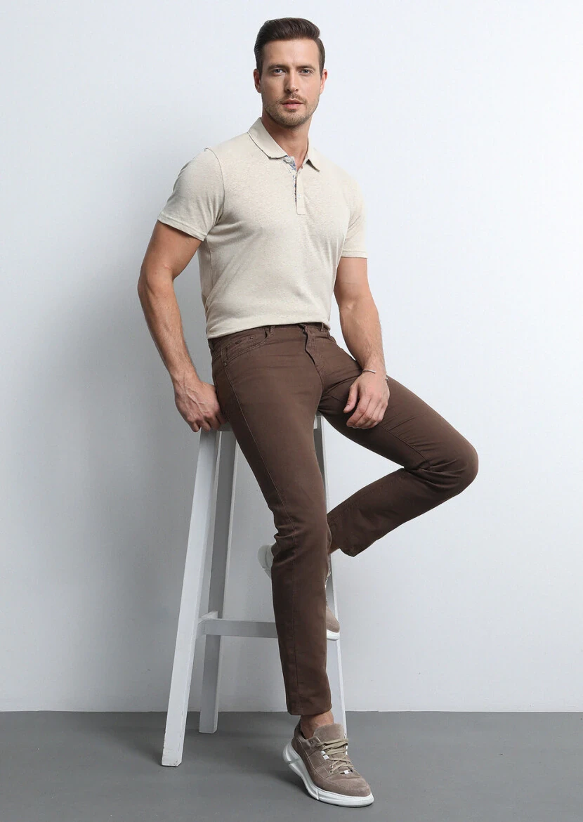 Brown Weaving Slim Fit Casual Cotton Blended Trousers - 1