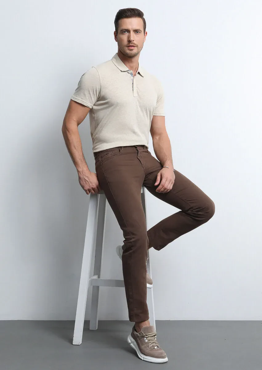Brown Weaving Slim Fit Casual Cotton Blended Trousers - 1