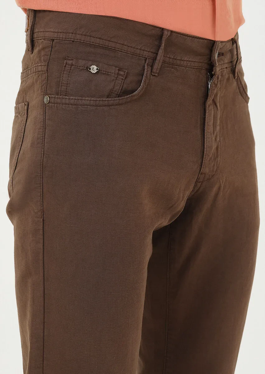 Brown Weaving Slim Fit Casual Cotton Blended Trousers - 2