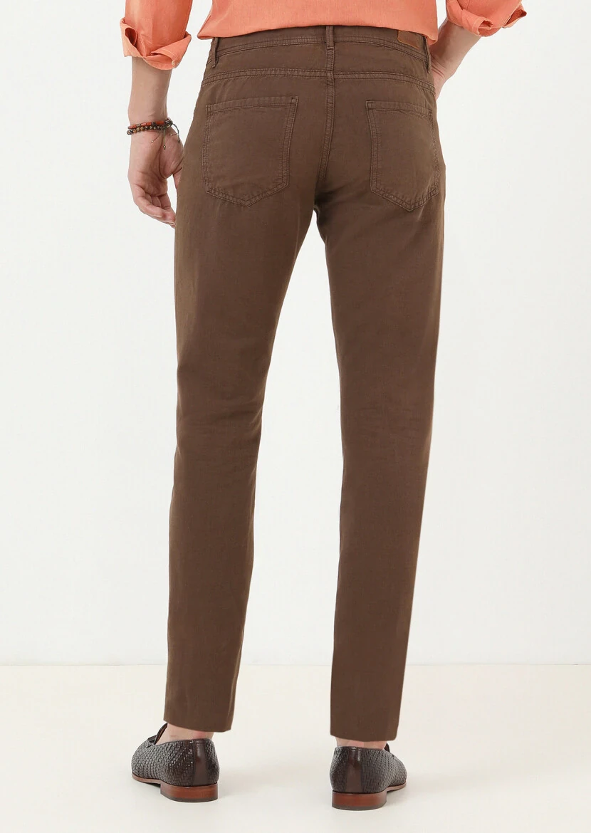 Brown Weaving Slim Fit Casual Cotton Blended Trousers - 4