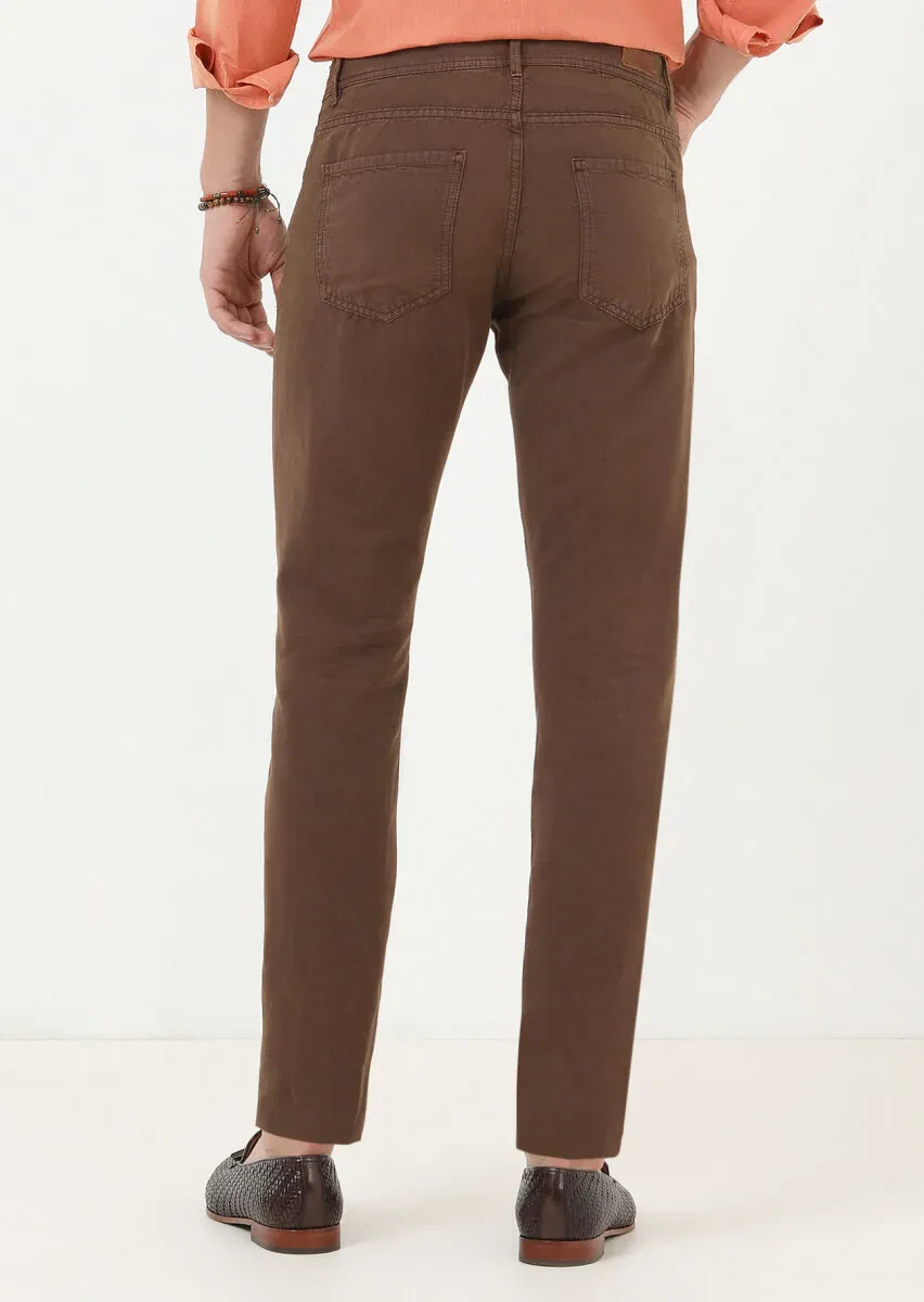 Brown Weaving Slim Fit Casual Cotton Blended Trousers - 4