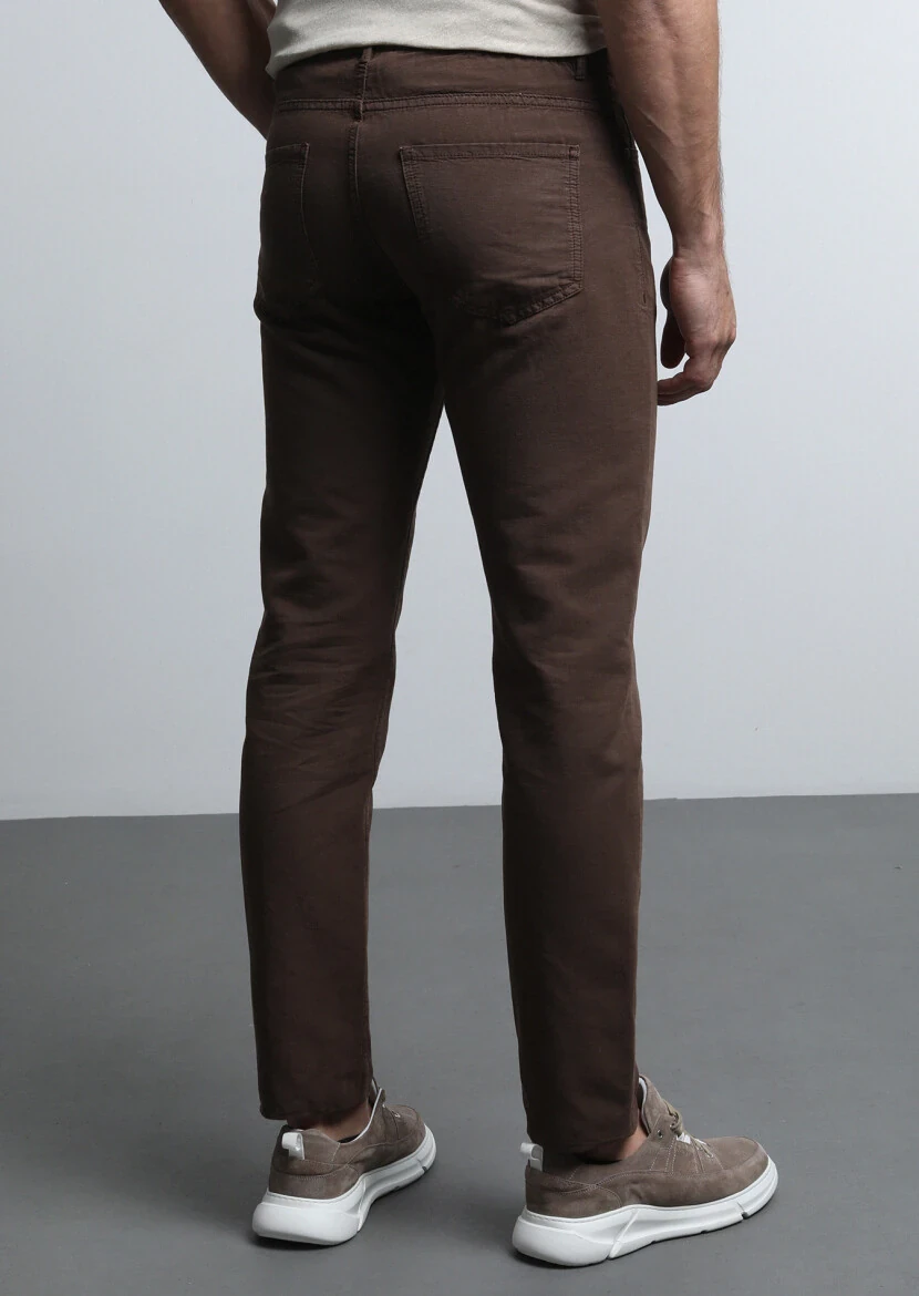 Brown Weaving Slim Fit Casual Cotton Blended Trousers - 5